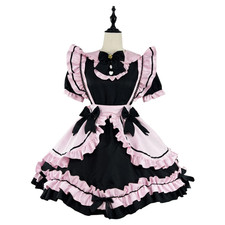 Japanese Lolita Maid Costume Cos Sweet Girl Black Pink Cute Cat Bow UK