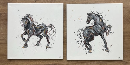Two black horse - horse, paintings