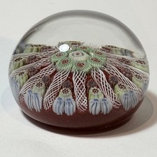Vintage Strathearn Glass Paperweight P11 Millefiori And Latticino on red ground