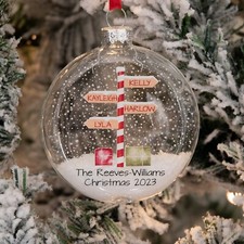 Personalised Stripy North Pole Family Glass Bauble Christmas Tree Ornament