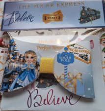 Light Blue Polar Express Hair Bow with Blonde Doll Clip - Handmade 3.5"