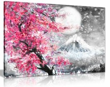 Pink Black & White Oil Painting Japanese Cherry Blossom Canvas Wall Art Print