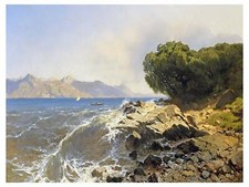 Sea Ocean Stones Waves Boat Coast Mountains Tile Mural Backsplash Marble Ceramic