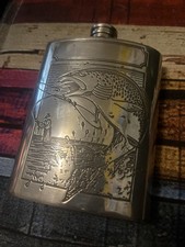 Vintage English Sheffield Pewter Hip Flask – Fishing Scene Engraving 