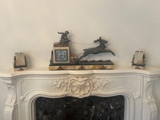 French Art Deco Marti Marble Mantle Clock Cherubs & Stag & Side Ornaments