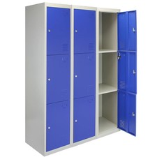 3 x Blue 3 Door Metal Storage Lockers, Blue & Grey Steel