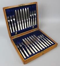 Cutlery Canteen. Mother of Pearl/Silver Plate. Dessert/Fruit 24pc. 19THC antique