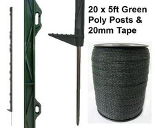 20 X GREEN 5FT POSTS & 20MM POLY TAPE Electric Fence Fencing Horse Paddock