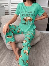 Lovely Green Ladies Sloth Pyjamas - PJs Gift Novelty Slogan - Womens Size 10, 16