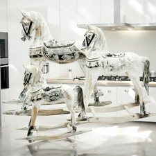 Set 3 Rocking Horse Wooden Hand Carved Antique Vintage Ornament White