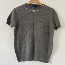 Tara Jarmon Jumper Size 8 Small Grey Merino Wool Cashmere Jewels Short Sleeves