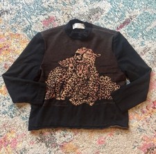 Vtg 90s St. John Marie Gray Sweater Mama leopard With Cub Babies & Crystal Eyes