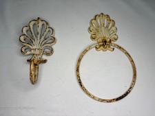 Vtg Rusty Shabby Chic Towel Ring & Hook Ornate Bath Hand Towel Holder