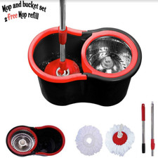 360° FLOOR MAGIC SPIN MOP BUCKET SET MICROFIBER ROTATING HEADS WITH 2 FREE