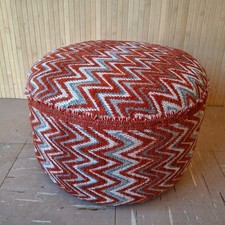 Fab Vintage Retro Round Footstool Pouffe Reupholstered Orange Zigzag Chenille
