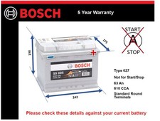 Car Battery S5005 Bosch 027 610A 63Ah 5Yr Warranty 242x175x190