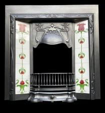 TILED CAST IRON FIREPLACE /