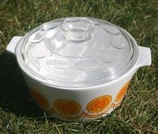 1970s vintage Pyrosil Orange Electro 1.6l Casserole Dish & original glass lid