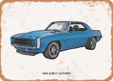 Classic Car Art - 1969 Chevy Camaro Pencil Sketch - Rusty Look Metal Sign 2