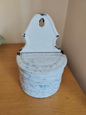 Antique French Kitchen Wall Mounted Blue & White Marbled Enamel Salt Container 