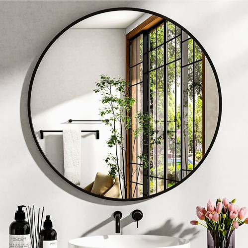 Round black framed bathroom - round,