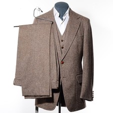 40L Long Vintage 70s Brown Speckled Tweed Wool 3-Piece Suit 34x32 Trousers Vest