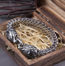 Viking Wolf Head Chain Bracelet for Men - Stainless Steel Intertwined Wolve.