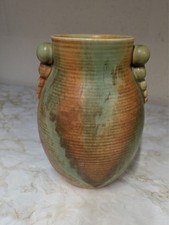 Vintage Shorter & Son Green & Brown ribbed Pottery Vase