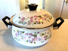 Kobe Enamel Ware Large Pot With Lid Pink Purple Green Floral Vintage RETRO