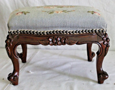 French Antique Hand Carved Footstool Bench Needlepoint Upholstery Brass Nailhead
