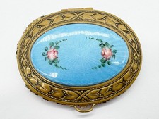 ANTIQUE / VINTAGE BRASS AND GUILLOCHE ENAMEL TOP SET POWDER MIRROR COMPACT