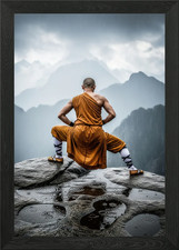Shaolin Monk in Rain on Mountain Pe Framed Wall Art Poster Canvas Print Picture