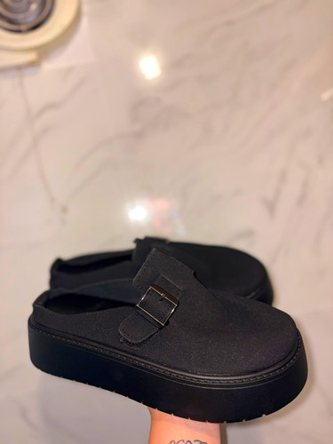 Black faux suede clog buckle - black,
