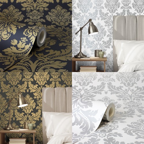 Black silver floral damask - floral,