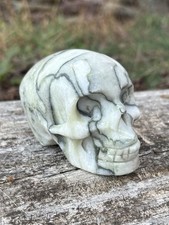 Large Carved Crystal Skull- Natural 3.4” Green Vine Jasper Skull Stone Carving