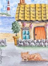 ACEO Watercolour Painting Seascape, Beach House, Cat, Beach, Lighthouse