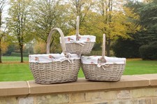 Grey-wash Wicker Shopper Shopping Basket with Robin Bird Liner Storage Hamper