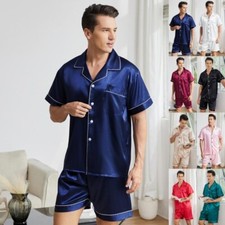 UK Set Mens Satin Silk Pajamas Suit Dressing Gown Summer Pjs Loungewear Pyjama