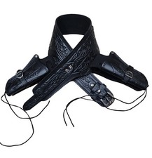 Black Leather Double Gun Holster Belt Adjustable Cowboy Western with Silver Buck