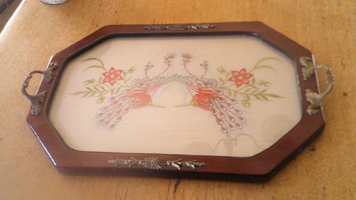 Vintage embroidered tray - embroidered,
