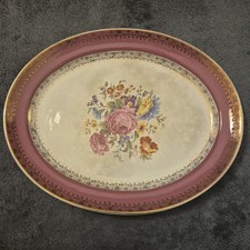 Vtg Crownford 11" Pink Rose Platter Maroon 22kt Gold Burslem EXC COND