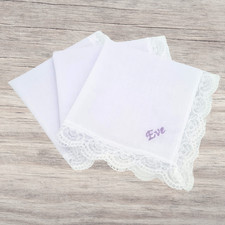 Lace Personalised Handkerchief - Embroidered Name on White Cotton Ladies Hanky