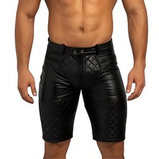 Men's Genuine Black Leather Shorts Gay Fetish Half Pants Clubwear