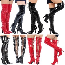 NEW UNISEX SEXY THIGH HIGH OVER KNEE BOOTS FRONT & BACK LACE HEEL BOOTS