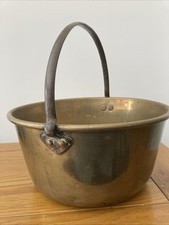 LARGE VINTAGE BRASS JAM PAN PRESERVE POT FIXED IRON HANDLE 26x13cm (A8)