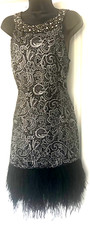 Lipsy dress size 12 silver/black cut out back jewel collar Ostrich feather hem