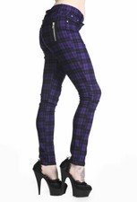 BANNED Apparel Purple Tartan Check Skinny Punk Emo Stretch Rockabilly Trousers 