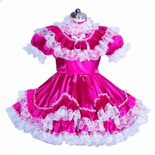 Sissy Girl Maid Lockable rose red Satin Dress cosplay costume Tailor-made