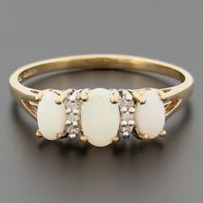 9ct Yellow Gold Opal & Diamond Three Stone Cluster Ring Size P Hallmarked