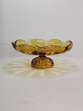 Vtg Amber Wavy Glass Fruit Bowl Serving Tray Cake Stand Pedestal 10"